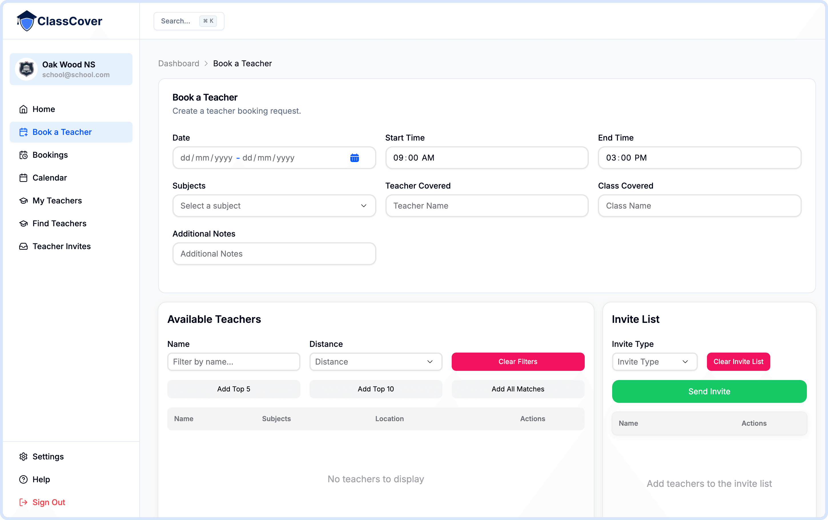 ClassCover dashboard showing substitute teacher management interface